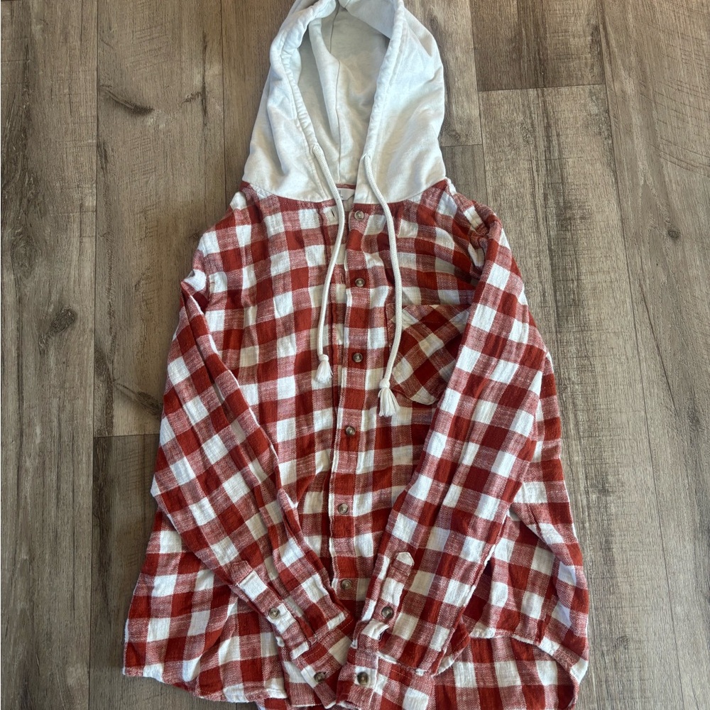 Orange and White Plaid Hoodie Shirt